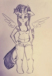 Size: 1486x2142 | Tagged: safe, artist:frootytoots, twilight sparkle, alicorn, anthro, unguligrade anthro, g4, belly button, clothes, ear piercing, female, floating wings, floppy ears, hand on hip, mare, monochrome, pencil drawing, piercing, shorts, sketch, solo, tank top, traditional art, twilight sparkle (alicorn), unamused