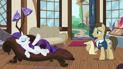 Size: 1280x720 | Tagged: safe, screencap, davenport, rarity, earth pony, pony, unicorn, g4, it isn't the mane thing about you, background pony, eyes closed, fainting couch, female, hoof hold, lamp, male, mare, quills and sofas, rarity being rarity, reclining, scroll, stallion