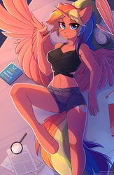 Size: 1752x2686 | Tagged: safe, artist:fensu-san, oc, oc only, oc:spectrum dash, alicorn, anthro, unguligrade anthro, alicorn oc, angled leg, anthro oc, bed, book, breasts, clothes, digital art, explicit source, feather, female, lidded eyes, looking at you, lying, lying down, magnifying glass, mare, on back, paper, pen, ponytail, rainbow hair, sheet, shorts, smiling, solo, spread wings, table, wings