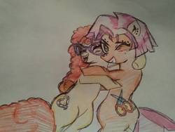 Size: 1040x780 | Tagged: safe, artist:dinkyloo, babs seed, twist, earth pony, pony, g4, ear piercing, earring, eyebrow piercing, female, glasses, hug, jewelry, lesbian, mare, nose piercing, older, one eye closed, piercing, ship:babstwist, shipping, traditional art, wink