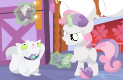 Size: 3538x2300 | Tagged: safe, artist:porygon2z, opalescence, sweetie belle, cat, pony, unicorn, g4, stare master, abuse, animal abuse, bow, glowing horn, hair bow, high res, horn, levitation, magic, magic abuse, opalabuse, opalescence is not amused, out of character, payback, psychopath, raised hoof, revenge, scissors, telekinesis, unamused