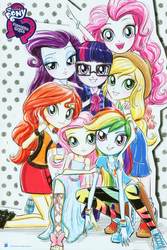 Size: 2076x3114 | Tagged: safe, artist:ritalux, applejack, fluttershy, pinkie pie, rainbow dash, rarity, sci-twi, sunset shimmer, twilight sparkle, equestria girls, g4, my little pony equestria girls: better together, official, equestria girls logo, hasbro logo, high res, humane five, humane seven, humane six, magazine scan, pose, poster, smiling