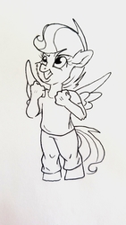 Size: 2268x4032 | Tagged: safe, artist:frootytoots, scootaloo, anthro, unguligrade anthro, g4, clenched fist, clothes, female, filly, monochrome