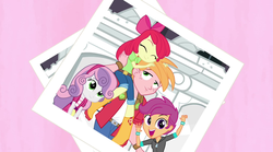 Size: 1280x714 | Tagged: safe, screencap, apple bloom, big macintosh, scootaloo, sweetie belle, equestria girls, g4, my little pony equestria girls: rainbow rocks, boots, brother and sister, clothes, cutie mark crusaders, female, jeans, male, pants, shoes, siblings, wondercolt statue