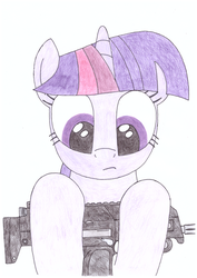 Size: 1024x1448 | Tagged: safe, artist:zocidem, twilight sparkle, g4, face, female, gun, mare, mp7, traditional art, weapon