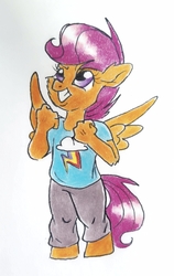 Size: 1983x3147 | Tagged: safe, artist:frootytoots, scootaloo, anthro, unguligrade anthro, g4, clenched fist, clothes, colored, female, filly, solo, traditional art