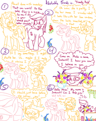 Size: 1280x1611 | Tagged: safe, artist:adorkabletwilightandfriends, nurse redheart, roseluck, sunburst, earth pony, pony, unicorn, comic:adorkable twilight and friends, g4, adorkable, adorkable friends, comic, cute, dork, faic, female, flower, hiding, humor, lineart, male, nervous, relationships, romance, roseluck the shipper, scared, shipping, slice of life, sneaking, sniffing, straight, sunheart, sweat