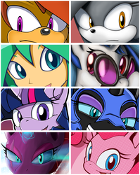 Size: 750x940 | Tagged: safe, artist:fuzon-s, dj pon-3, nightmare moon, pinkie pie, tempest shadow, twilight sparkle, vinyl scratch, oc, alicorn, earth pony, pony, unicorn, g4, crossover, eye, eyelashes, eyememe, eyes, hatsune miku, meme, non-mlp oc, sonic the hedgehog (series), twilight sparkle (alicorn), vocaloid