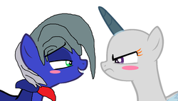 Size: 1324x757 | Tagged: safe, artist:jadedapegasus, edit, edited screencap, screencap, oc, alicorn, earth pony, pony, 1000 hours in ms paint, alicorn oc, angry, base, base used, bedroom eyes, blue pony, blushing, crossover, crossover shipping, crossover x oc, duo, female, flirting, frown, glare, green eyes, grey hair, i.m. meen, lidded eyes, male, ms paint, necktie, ponified, purple eyes, shipping, smiling, smug, straight, youtube poop