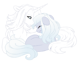 Size: 1024x820 | Tagged: safe, artist:azure-art-wave, oc, oc only, oc:mademoiselle d'hiver, oc:picture perfect, earth pony, pony, unicorn, crying, female, magical lesbian spawn, mare, offspring, parent:photo finish, parent:zesty gourmand, parents:zestyfinish, prone, simple background, transparent background