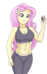 Size: 2078x3248 | Tagged: safe, artist:sumin6301, fluttershy, equestria girls, g4, belly button, big breasts, breasts, busty fluttershy, cellphone, cleavage, clothes, cute, female, high res, midriff, pants, phone, shyabetes, simple background, solo, sports bra, sweatpants, white background