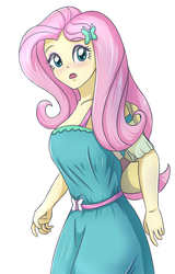 Size: 2078x3248 | Tagged: safe, artist:sumin6301, fluttershy, equestria girls, equestria girls series, g4, breasts, clothes, cute, dress, female, fluttershy boho dress, high res, looking at you, open mouth, shyabetes, simple background, solo, stupid sexy fluttershy, surprised, teenager, white background