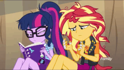 Size: 640x362 | Tagged: safe, screencap, sci-twi, sunset shimmer, twilight sparkle, equestria girls, equestria girls specials, g4, my little pony equestria girls: better together, my little pony equestria girls: rollercoaster of friendship, angry, animated, bandage, book, clothes, female, gem, glasses, jacket, messy hair