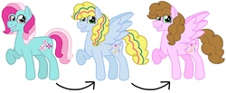 Size: 2028x834 | Tagged: safe, artist:kindheart525, minty, oc, oc:confetti surprise, earth pony, pegasus, pony, kindverse, offspring, parent:cheese sandwich, parent:pinkie pie, parents:cheesepie, then and now