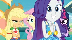 Size: 1280x720 | Tagged: safe, screencap, applejack, fluttershy, rarity, sci-twi, twilight sparkle, equestria girls, equestria girls specials, g4, my little pony equestria girls: better together, my little pony equestria girls: rollercoaster of friendship, clothes, female, gem, geode of super strength, glasses, jacket