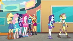 Size: 1280x720 | Tagged: safe, screencap, applejack, fluttershy, pinkie pie, rainbow dash, rarity, sci-twi, sunset shimmer, twilight sparkle, vignette valencia, equestria girls, equestria girls series, g4, rollercoaster of friendship, boots, clothes, converse, feet, female, gem, geode of empathy, geode of fauna, geode of shielding, geode of sugar bombs, geode of super speed, geode of super strength, geode of telekinesis, glasses, humane five, humane seven, humane six, jacket, magical geodes, ponytail, sandals, shoes, sneakers
