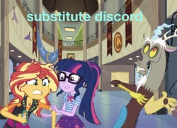 Size: 2048x1493 | Tagged: safe, artist:php77, editor:php77, discord, sci-twi, sunset shimmer, twilight sparkle, equestria girls, g4, my little pony equestria girls: better together