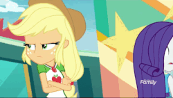 Size: 480x271 | Tagged: safe, screencap, applejack, fluttershy, rarity, equestria girls, equestria girls series, rollercoaster of friendship, animated, applejack's hat, clothes, cowboy hat, crossed arms, discovery family logo, female, geode of shielding, geode of super strength, gif, hairpin, hat, lesbian, magical geodes