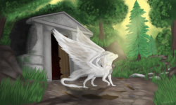 Size: 2500x1500 | Tagged: safe, artist:silviawing, oc, oc only, oc:aeks (flayg) daar karus, dragon, commission, cyrillic, dirty, door, grass, russian, scar, tomb, tree, white hair