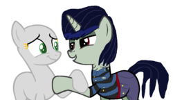 Size: 1165x672 | Tagged: safe, artist:jadedapegasus, edit, edited screencap, screencap, oc, earth pony, pony, unicorn, 1000 hours in ms paint, base, base used, bedroom eyes, brown eyes, crossover, crossover shipping, crossover x oc, dark hair, duo, female, flirting, gorillaz, green eyes, green pony, holding hooves, lidded eyes, male, ms paint, murdoc, murdoc niccals, nervous smile, ponified, shipping, straight