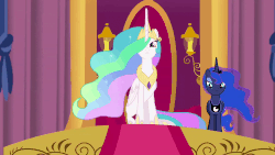 Size: 1500x843 | Tagged: safe, screencap, princess celestia, princess luna, alicorn, pony, equestria girls, equestria girls series, forgotten friendship, g4, animated, beautiful, blinking, canterlot, female, frown, gif, glare, hair over one eye, lidded eyes, looking at you, majestic, mare, royal sisters, serious, serious face, spread wings, throne, wings, youtube link