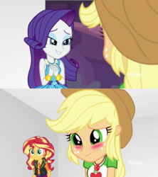 Size: 1280x1440 | Tagged: safe, screencap, applejack, rarity, sunset shimmer, equestria girls, equestria girls specials, g4, my little pony equestria girls: better together, my little pony equestria girls: rollercoaster of friendship, blushing, geode of empathy, geode of super strength, rarity peplum dress, shipping fuel, smiling