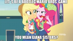 Size: 888x499 | Tagged: safe, edit, edited screencap, screencap, applejack, pinkie pie, equestria girls, equestria girls specials, g4, my little pony equestria girls: better together, my little pony equestria girls: rollercoaster of friendship, duo, giana sisters