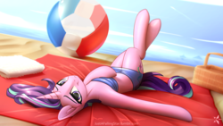 Size: 3840x2160 | Tagged: safe, alternate version, artist:justafallingstar, starlight glimmer, pony, unicorn, g4, basket, beach, beach ball, bedroom eyes, clothes, cute, female, glimmerbetes, high res, looking at you, lying, mare, on back, pinup, sand, smiling, solo, summer, swimsuit