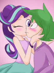 Size: 900x1214 | Tagged: safe, artist:emositecc, edit, spike, starlight glimmer, human, g4, blushing, duo, humanized, kissing, male, ship:sparlight, shipping, smiling, straight
