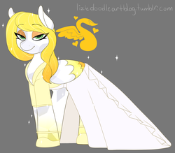 Size: 1789x1570 | Tagged: safe, alternate version, artist:liziedoodle, oc, oc only, oc:golden mellow, crystal pony, pegasus, pony, swan, clothes, dress, female, heart, mare, music notes, shoes, solo