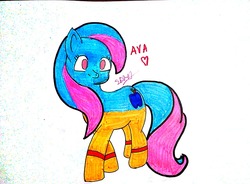 Size: 1280x944 | Tagged: safe, artist:superdavid2011, oc, oc only, oc:ava, food pony, original species, pony, clothes, female, food, mare, ponified, see-through, signature, smiling, solo, traditional art