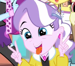 Size: 611x536 | Tagged: safe, screencap, diamond tiara, mystery mint, vignette valencia, equestria girls, equestria girls specials, g4, my little pony equestria girls: better together, my little pony equestria girls: rollercoaster of friendship, clothes, cropped, cute, diamondbetes, me my selfie and i, peace sign, silly face, solo focus, tongue out, victory sign