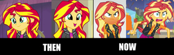 Size: 2861x917 | Tagged: safe, edit, edited screencap, screencap, sunset shimmer, equestria girls, equestria girls series, g4, my little pony equestria girls: rainbow rocks, rollercoaster of friendship, angry, blushing, blushing profusely, comparison, cute, discussion in the comments, frown, geode of empathy, glare, happy, it's not about the parakeet, jewelry, messy hair, necklace, open mouth, red face, smiling, then and now, tongue out, wrath