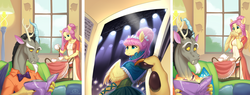 Size: 1644x623 | Tagged: safe, artist:ladychimaera, discord, fluttershy, draconequus, pegasus, anthro, g4, bowtie, bracelet, clothes, comic, comic strip, cup, dress, female, food, jewelry, male, mare, modelshy, ship:discoshy, shipping, smiling, straight, tea, teacup, wings