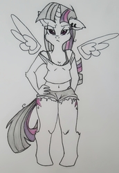 Size: 1767x2567 | Tagged: safe, artist:frootytoots, mean twilight sparkle, alicorn, anthro, unguligrade anthro, g4, the mean 6, cheek fluff, clone, clothes, ear piercing, female, hand on hip, pen, pencil drawing, piercing, shorts, solo, tank top, traditional art, unamused