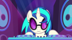 Size: 1280x720 | Tagged: safe, screencap, dj pon-3, vinyl scratch, pony, fake it 'til you make it, g4, female, frown, looking at you, solo, speaker, sunglasses, turntable