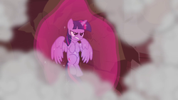 Size: 1280x720 | Tagged: safe, screencap, twilight sparkle, alicorn, pony, g4, twilight's kingdom, angry, determined, dust cloud, female, force field, magic, magic aura, mountain, shit just got real, solo, twilight sparkle (alicorn), wings