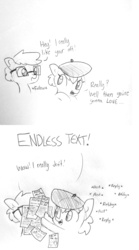 Size: 1580x2834 | Tagged: safe, artist:tjpones, oc, oc:tjpones, earth pony, pony, artist, bust, comic, dialogue, duo, glasses, grayscale, hat, lineart, male, meta, monochrome, stallion, traditional art, tumblr