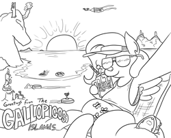 Size: 1268x1026 | Tagged: safe, artist:jargon scott, fluttershy, queen chrysalis, changeling, changeling queen, pegasus, pony, g4, alcohol, beach, beach chair, black and white, chair, description is relevant, drone, dronesalis, female, food, grayscale, greeting, hat, ice cream, mare, martini, monochrome, ocean, roomba, roombashy, sandcastle, selfie, simple background, sitting, snorkel, sunglasses, sunscreen, sunset, vacation, visor, white background