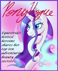 Size: 648x792 | Tagged: safe, artist:puddingskinmcgee, rarity, pony, unicorn, g4, alternate hairstyle, bedroom eyes, female, magazine cover, smiling, solo, text