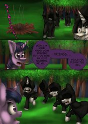 Size: 600x847 | Tagged: safe, artist:lordofthefeathers, twilight sparkle, alicorn, pony, unicorn, comic:curse and madness, g4, ambiguous gender, bonfire, chat bubble, cloak, clothes, comic, cultist, female, fire, forest, hooded cape, male, mare, markings, mlpcam, night, twilight sparkle (alicorn)