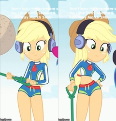 Size: 4088x4256 | Tagged: safe, screencap, applejack, equestria girls, equestria girls series, g4, lost and found, absurd resolution, clothes, cowboy hat, female, freckles, geode of super strength, hat, headphones, hips, metal detector, solo, stetson, swimsuit, thighs