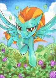 Size: 928x1280 | Tagged: safe, artist:alientiamat, artist:tiamat arts, lightning dust, pegasus, pony, g4, female, flower, flying, it's coming right at us, mare, signature, smiling, solo, spread wings, traditional art, wings