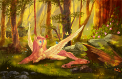 Size: 1600x1035 | Tagged: safe, artist:aquagalaxy, fluttershy, bird, pegasus, pony, g4, beautiful, female, flower, forest, grass, mare, prone, scenery, smiling, solo, spread wings, tree, wings