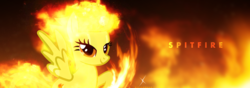 Size: 1833x647 | Tagged: safe, artist:alterhouse, spitfire, pegasus, pony, g4, abstract background, female, fire, lidded eyes, looking at you, mane of fire, mare, raised hoof, smiling, solo, spitfiery, spread wings, wings