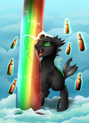 Size: 2550x3509 | Tagged: safe, artist:pridark, oc, oc only, changeling, alcohol, beer, bottle, broken horn, changeling oc, cloud, commission, digital art, green changeling, green eyes, happy, high res, horn, magic, one eye closed, open mouth, rainbow, shower, smiling, solo