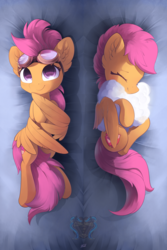 Size: 4000x6000 | Tagged: safe, artist:freeedon, scootaloo, pegasus, pony, g4, biting, body pillow, body pillow design, cloud, cuddling, cute, cutealoo, female, filly, goggles, snuggling, solo