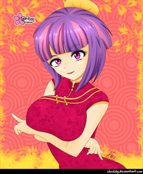 Size: 823x1000 | Tagged: safe, alternate version, artist:clouddg, sunny flare, equestria girls, g4, big breasts, breasts, busty sunny flare, clothes, dress, female, human coloration, looking at you, multiple variants, signature, smiling, solo