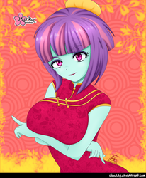 Size: 823x1000 | Tagged: safe, artist:clouddg, sunny flare, equestria girls, g4, big breasts, breasts, busty sunny flare, clothes, crossed arms, dress, female, looking at you, multiple variants, signature, smiling, solo