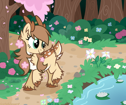 Size: 1200x1000 | Tagged: safe, artist:dreamyeevee, oc, oc only, deer, chest fluff, cloven hooves, complex background, ear fluff, flower, flower in hair, forest, solo, unshorn fetlocks